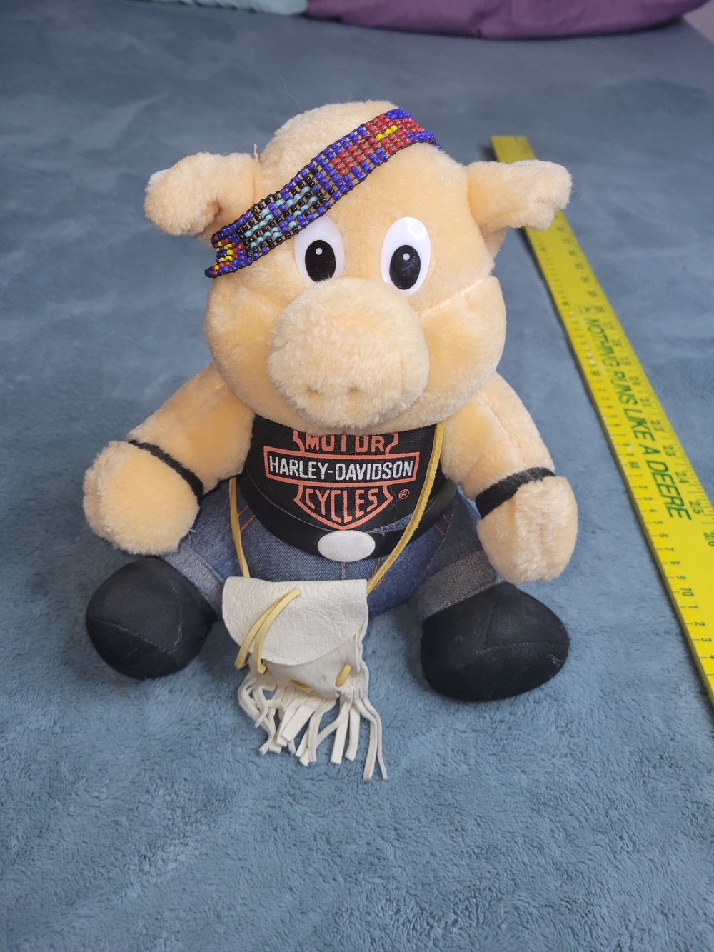 Harley-Davidson Plush Pig with Beaded Headband and Fringe Pouch - Tan & Black